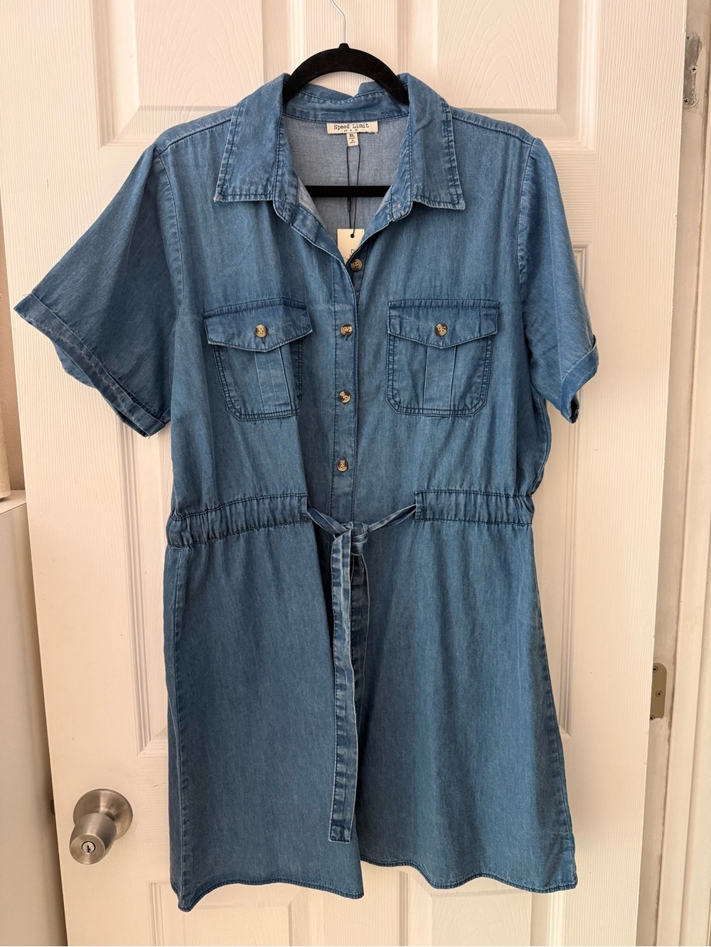 NWT Denim-Style Shirt Dress with Tie Waist - Chambray Blue